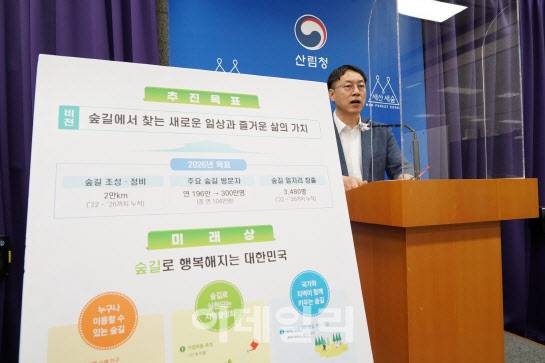 임하수 산림청 산림복지국장이 29일 정부대전청사 기자실에서 ‘제2차 숲길의 조성 · 관리 기본계획’을 발표하고 있다. (사진=산림청 제공)