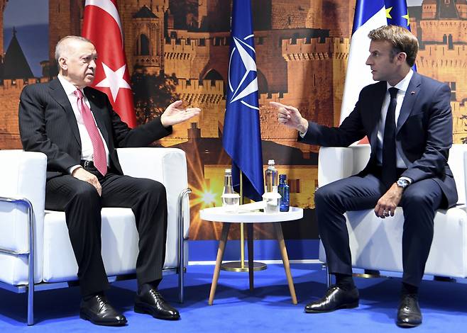 레제프 타이이프 에르도안 튀르키예(터키) 대통령(왼쪽)과 에마뉘엘 마크롱 프랑스 대통령이 29일(현지시간) 북대서양 조약기구(나토·NATO) 정상회의가 진행 중인 스페인 마드리드에서 양자 회담을 하고 있다. 이번 정상회담은 28~30일 3일 동안 진행된다. [연합]