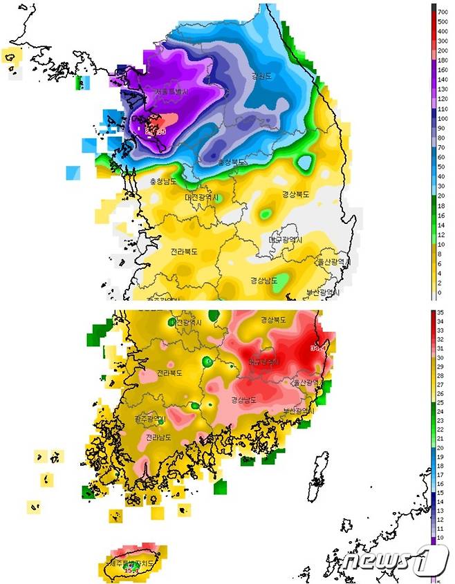 30일 오후 3시30분 전국 강수량 분포도(위)와 기온 분포도를 보면 서울 등 수도권은 강수량은 200㎜가 넘게 온 곳이 빨갛게 표시돼 있고, 남부 지방은 기온이 30도가 넘어 검붉은 색이 채워져 있다. © 뉴스1 황덕현 기자