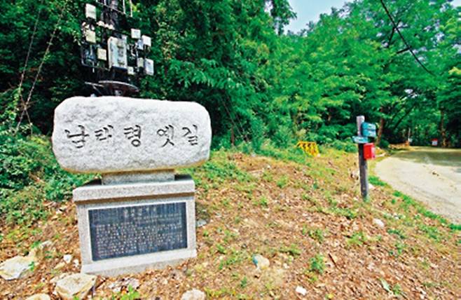 남태령 옛길 푯돌. 이 부근에 옛 남태령길을 재현한 짧은 숲길이 있다.