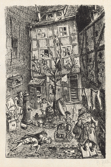 “인간을 도끼로 죽일 수 있는 것만큼이나 집으로도 죽일 수 있다”고 말한  사진가이자 삽화가인 하인리히 칠레의 1919년 삽화. 당시 열악한 주택과 복지 상황을 보여준다.