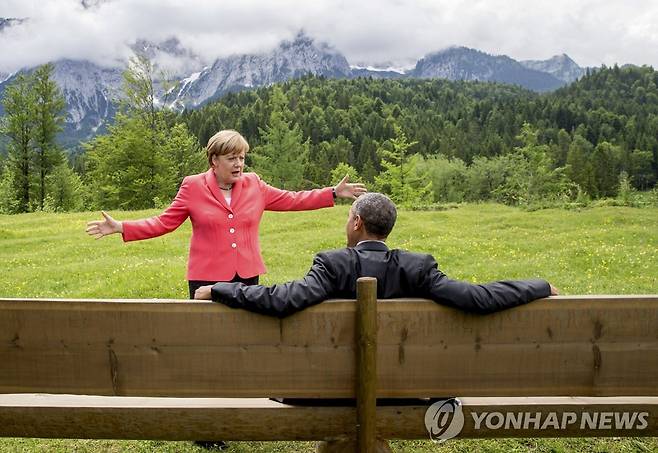 2015년 G7 정상회의 당시 메르켈 총리 오바마 대통령 [로이터 연합뉴스 자료사진. 재판매 및 DB 금지]