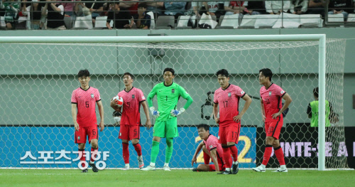 한국 축구국가대표 선수들이 6월 2일 서울월드컵경기장에서 열린 브라질과 평가전에서 마지막 다섯번째 골을 내준 뒤 허탈해하고 있다. 권도현 기자