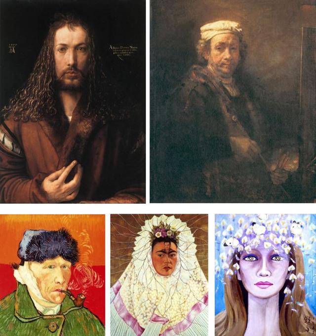 왼쪽 위부터 시계방향으로 △알베르트 뒤러 '자화상'(1500년) 독일 알테 피나코테크 미술관 소장 △렘브란트 '자화상'(1660년) 프랑스 루브르박물관 △천경자 '두상'(1982년) △프리다 칼로 'Diego on my mind' (1943년) 미국 메트로폴리탄 미술관 △고흐 '자화상'(1889년), 개인소장.
