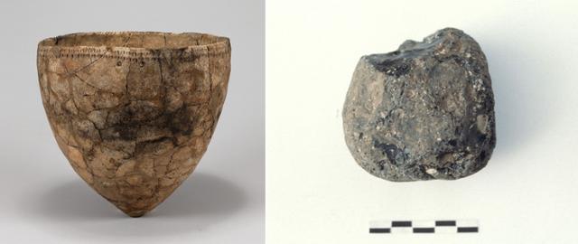 연대도 최초 지표조사에서 수습한 토기(왼쪽)와 일본 규슈산 흑요석 원석. 임학종 관장 제공