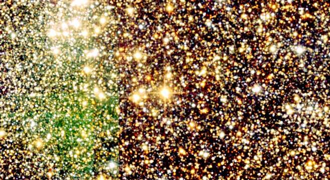 가운데에 제일 밝고 붉게 빛나는 별이 스티븐슨 2-18. 위에 여러 개의 별이 밝게 빛나는 것은 스티븐슨 2 성단이다
