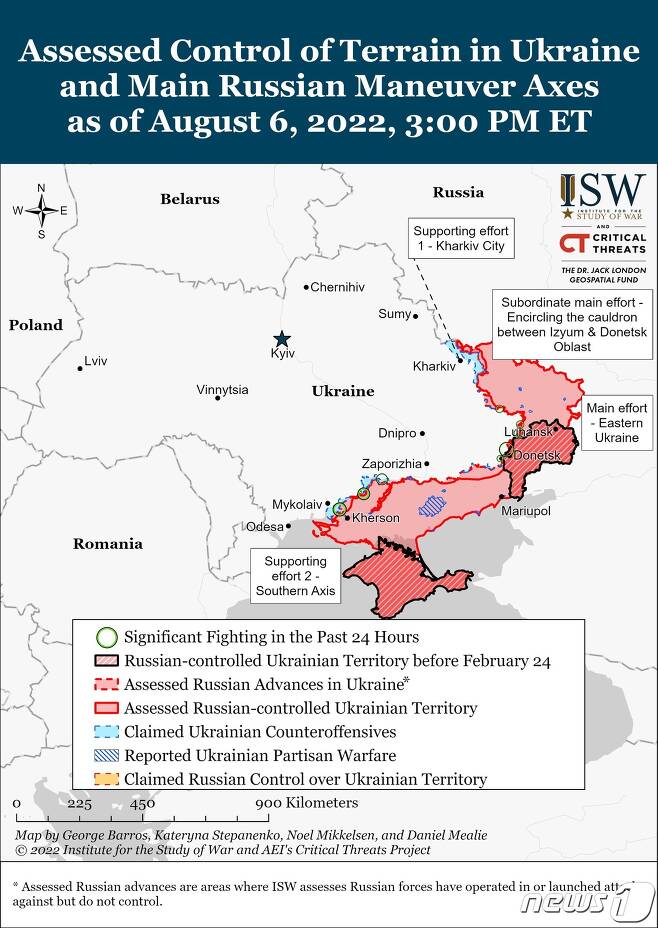 2022년 8월 6일(현지시간) 기준 우크라이나 전황. 미 전쟁연구소(ISW). ⓒ 뉴스1