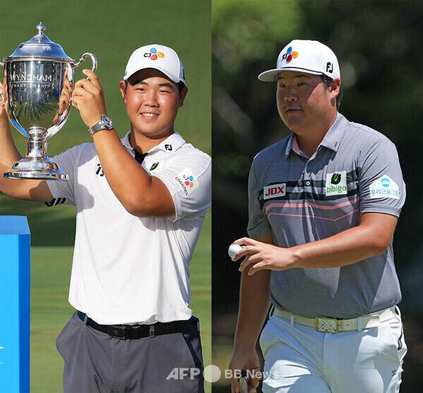 2022년 미국프로골프(PGA) 투어 윈덤 챔피언십 우승을 차지한 김주형 프로가 우승 트로피를 들고 있는 모습이다. 임성재 프로는 우승 경쟁 끝에 공동 2위로 마쳤다. 사진제공=ⓒAFPBBNews = News1
