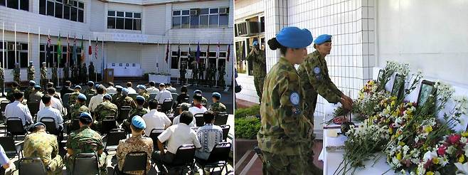 2003년 3월, 동티모르 오에쿠시주(州) 에카트강(江)에서 임무 수행 중 순직한 한국군 장병 5명을 추모하며 주민들이 흐느끼고 있다(위). 동티모르 수도 딜리에서 동티모르 국무총리, UN(국제연합) 특사, 평화유지군 사령관과 각국 대사, 각 참여국 의장병 등이 참석한 가운데 한국군 순직 장병 5명에 대한 UN 추모식이 거행되는 모습(아래). 상록수부대 7진 제공
