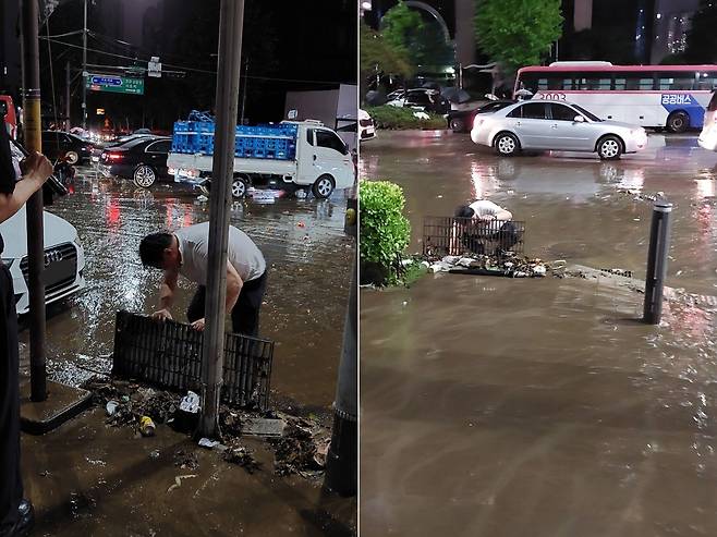 온라인 커뮤니티에 올라온 강남역 인근에서 빗물받이를 청소하는 한 남성의 사진. /온라인 커뮤니티