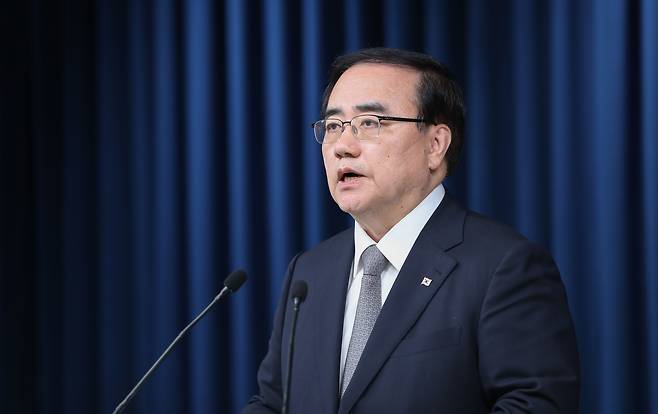 김성한 국가안보실장이 11일 오후 용산 대통령실에서 안토니우 구테흐스 유엔 사무총장 방한 등 주요 외교 일정 관련 브리핑을 하고 있다. /뉴스1