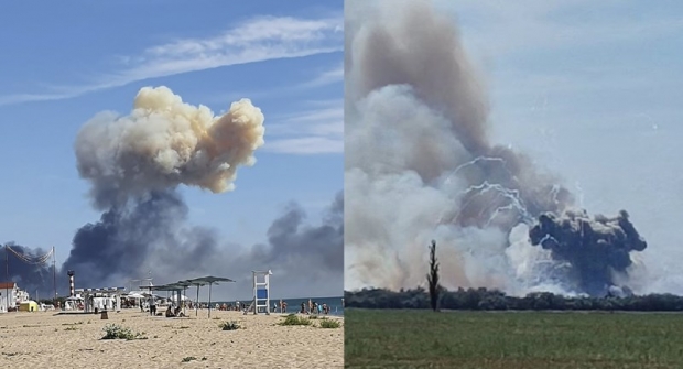 지난 9일(현지시간) 우크라이나 크림반도에 있는 사키 공군기지에서 연쇄폭발이 일어났다. / 사진=AP 연합뉴스, SNS