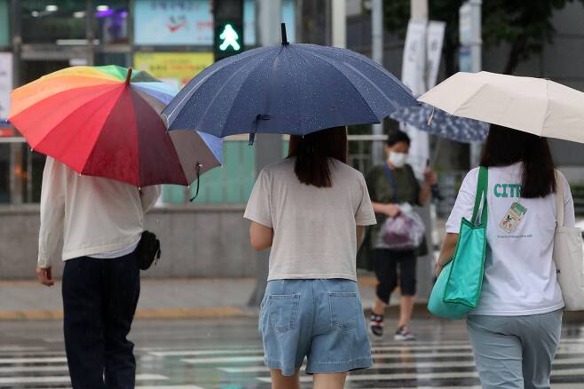 중부지방에 많은 비를 뿌린 정체전선의 영향으로 11일 오후 대구지역에 비가 내리는 가운데 수성구 달구벌대로에서 우산을 쓴 시민들이 발걸음을 재촉하고 있다./뉴스1