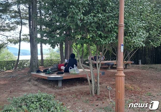 진주 남강댐 노을공원에서 나들이객들이 더위를 피해 나무 그늘에서 휴식을 취하고 있다. ⓒ뉴스1 김대광 기자