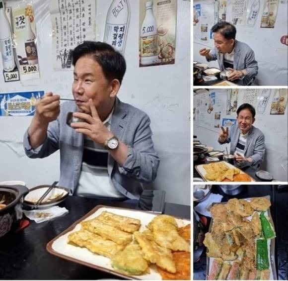 박강수 마포구청장은 역대급 폭우가 시작되던 지난 8일 오후 자신의 페이스북에 전집 먹방 사진을 올려 빈축을 샀다. /박강수 마포구청장 페이스북 갈무리