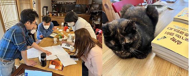 왼쪽 사진은 편성준·윤혜자 부부가 운영하는 '소행성 책쓰기 워크숍'의 모습. 책 쓰기를 원하는 사람들을 코칭하는 프로그램으로, 맨 왼쪽이 편성준이다. 오른쪽 사진은 부부의 반려묘 '순자'. 편성준은 “순자는 우리의 말을 한사코 안 듣는다. 혜자(아내)보다 순자가 높다”며 웃었다. /윤혜자 제공