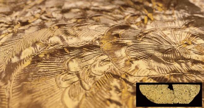 2016년 경주 동궁과 월지(안압지)에서 출토된 뒤 보존 처리된 금박 유물의 세부 문양. 어창선 제공