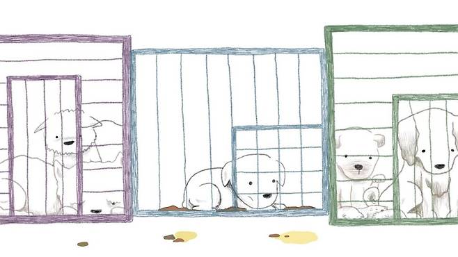 동물권행동 카라가 14일 ‘그만먹개 2022 캠페인’으로 박새연 애니메이션 감독의 작품 ‘뜬장’을 공개했다. 카라 제공