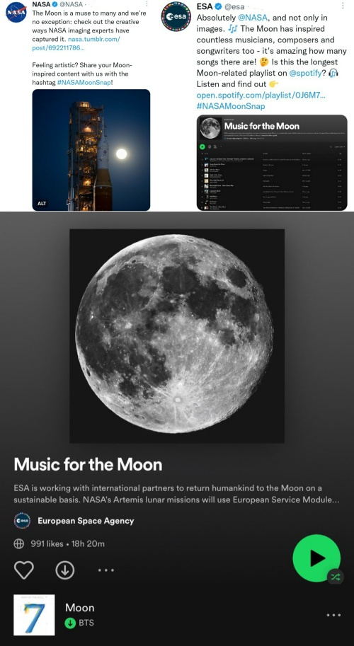 방탄소년단 진 'Moon', 유럽우주기구 플레이리스트 포함..'Music for the Moon'