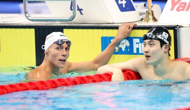 6월 세계수영선수권 당시 포포비치(왼쪽)와 황선우. 신화 뉴시스