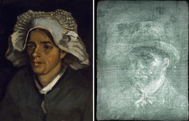 영국 에든버러의 스코틀랜드 내셔널갤러리 미술복원팀이 지난달 고흐의 1885년작 '농부 여인의 초상(왼쪽)'을 엑스레이 촬영하면서 캔버스 뒷면에서 새로운 고흐의 자화상이 발견되었다. 현재 작품 복원 작업이 진행 중이다.