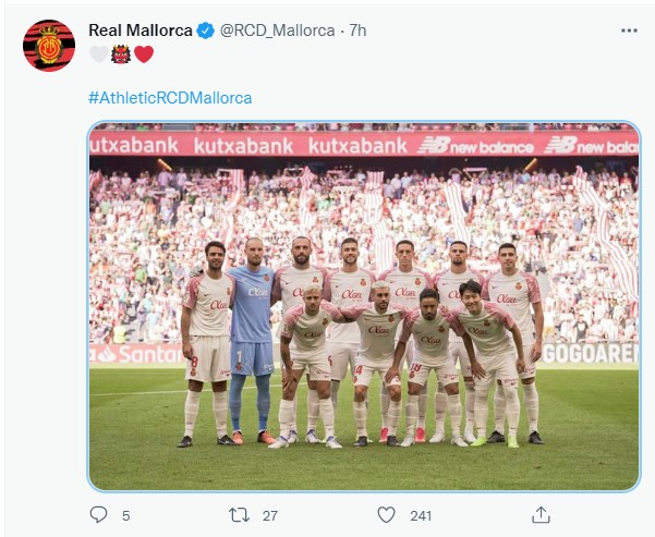 이강인이 선발로 출전한 마요르카가 스페인 라리가 개막전에서 아틀레틱 빌바오와 0-0으로 비겼다. 사진은 16일 빌바오전에 출전한 마요르카 선발 선수단. /사진=마요르카 트위터 캡처