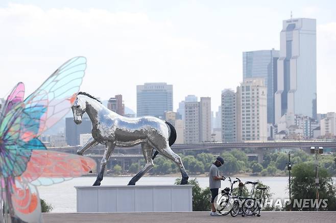 한강공원은 미술관 (서울=연합뉴스) 강민지 기자 = 16일 오후 서울 광진구 뚝섬한강공원 수영장 앞에 2022한강조각프로젝트 '낙락유람' 출품 작품들이 전시되어 있다. 뚝섬한강공원, 여의한강공원, 반포한강공원에서 진행되는 전시는 오는 20일부터 개막한다.
2022.8.16 mjkang@yna.co.kr