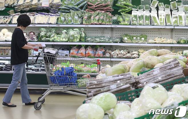 25일 서울 한 대형마트에서 시민들이 채소를 살펴보고 있다. 이날 통계청에 따르면 지난달 소비자물가는 1년 전보다 4.8% 상승했다. 이 중 채소류 가격을 보면 배추(7.7%), 상추(6.3%), 시금치(28.5%), 양배추(29.1%), 깻잎(21.7%), 무(15.6%), 열무(58.6%), 오이(14.3%), 토마토(4.8%) 등 품목을 중심으로 가격 오름세가 두드러졌다. 때 이른 더위와 가뭄 등에 따른 작황 부진으로 가격이 상승한 데다가 올여름 지난해보다 기온이 더 높을 것으로 예고되면서 농산물 가격 강세가 지속될 수 있다는 우려가 나온다. 2022.5.25/뉴스1 ⓒ News1 송원영 기자