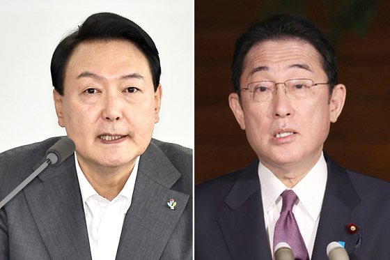 윤석열 대통령(왼쪽)과 기시다 후미오(岸田文雄) 일본 총리. 연합뉴스