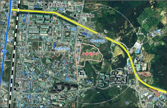 예산군이 예산읍 산성리 160번지 일대 3만6052㎡에 민간의 계획적 개발을 유도해 인구유출 등 도심공동화 현상 및 난개발을 방지하기 위해 추진하는 예산 능금지구 도시개발사업이 실시계획 인가를 마치고 순조롭게 추진되고 있다.사진=에산군 제공