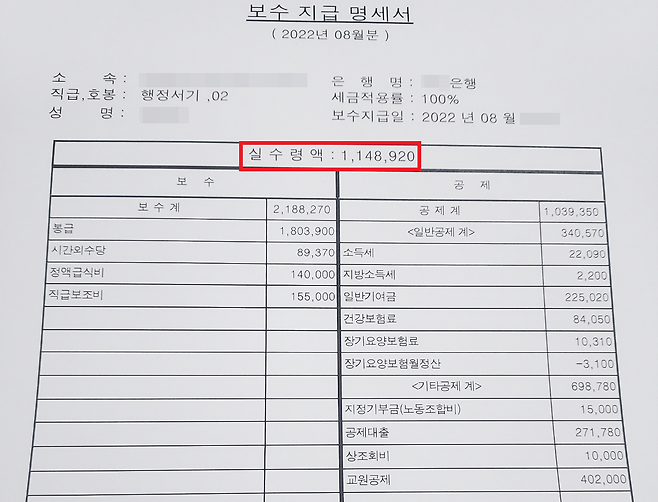8급 공무원 정모(27)씨의 8월분 보수 지급 명세서. 공제 대출과 교원 공제 등 개인 대출을 적용하면 실수령액은 114만8920원이다. 정씨 제공