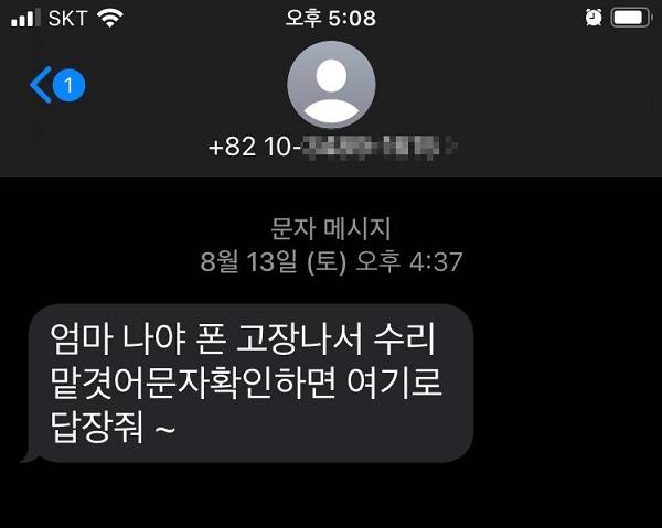 A씨가 스미싱 범인에게 받은 문자 내용./A씨 제공