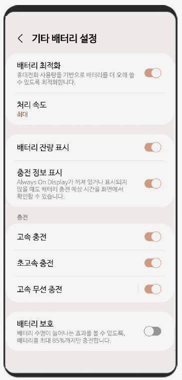 갤럭시 스마트폰의 '배터리' 세부 설정 기능들. /삼성전자
