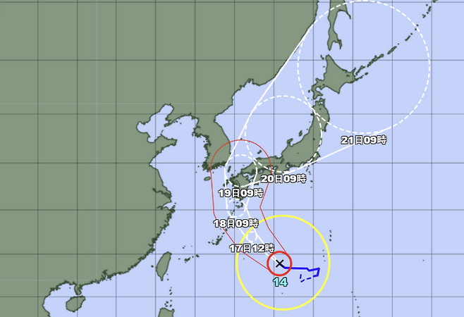 16일 오후 12시 기준 제14호 태풍 난마돌 예상경로. / 사진 = 일본 기상청
