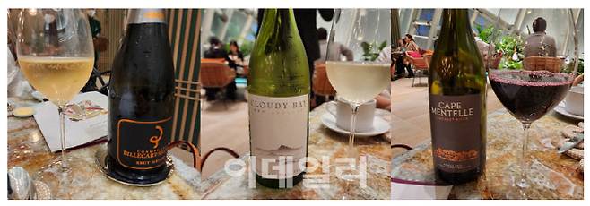 알랭 파사르 at 루이 비통 페어링 와인 3종. 왼쪽부터 빌레카르트 살몬 샴페인, 클라우드 베이 쇼비뇽 블랑, 케이프 멘텔 쉬라즈 와인. (사진=백주아 기자)