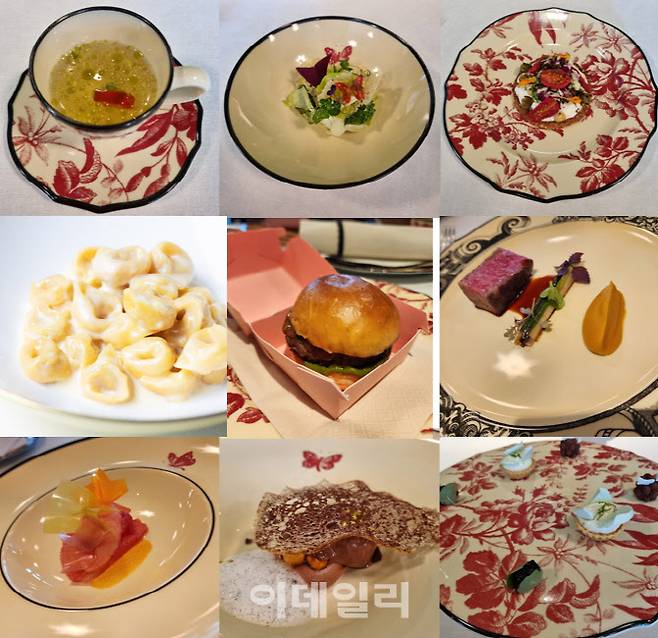구찌 식기 위에 놓인 구찌 오스테리아 코스 요리. (사진=백주아 기자)