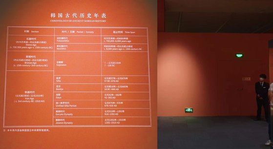 고구려와 발해 부분을 삭제한 중국국가박물관의 연표(왼쪽). 중국은 한국이 수정을 요구하자 연표가 있던 전시장 벽면을 지워버렸다. [중앙포토, 연합뉴스]