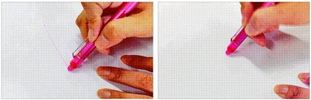 볼펜 끝의 지우개로 잉크를 문지르면 잉크 색이 투명하게 변한다.