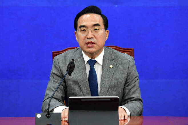 박홍근 더불어민주당 원내대표가 22일 국회에서 열린 정책조정회의에 발언하고 있다. 국회사진기자단