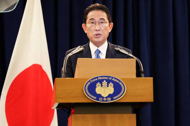 기시다 후미오 일본 총리가 22일부터 미국 뉴욕에서 기자회견을 하고 있다. 로이터 연합뉴스