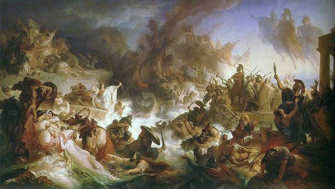 빌헬름 폰 카울바흐의 ‘살라미스해전’(1868). 아테네의 테미스토클레스는 페르시아와의 해전을 승리로 이끌어 영웅으로 떠올랐다.