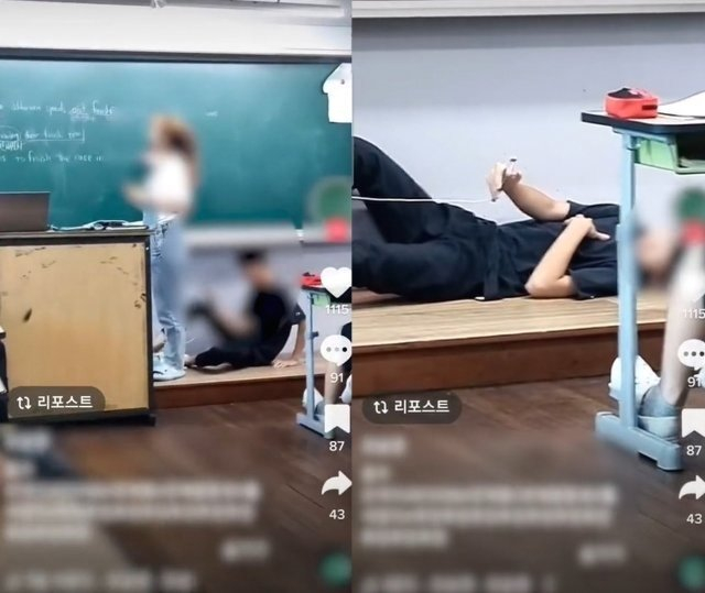 수업 중 교단에 올라가 교사 뒤에 드러누운 채 스마트폰을 사용하는 학생 모습 /사진=틱톡 영상 갈무리