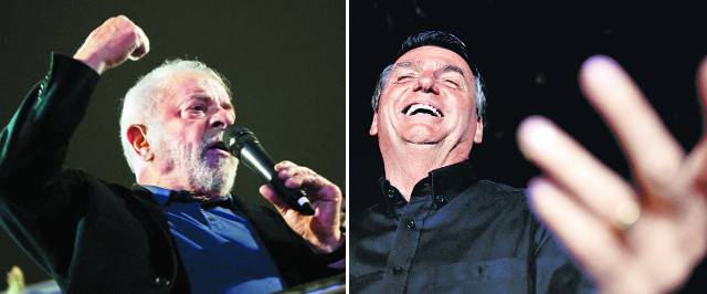 브라질 루이스 이나시오 룰라 다시우바(왼쪽) 전 대통령과 자이르 보우소나루 대통령이 2일(현지시간) 대선 1차 투표 개표 이후 각각 지지자에게 연설하고 있다. AP로이터연합뉴스