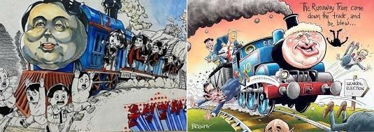 '윤석열차'(왼쪽)와 국민의힘 쪽에서 원본이라고 주장하는 2019년 스티브 브라이트의 영국 '선' 만평.