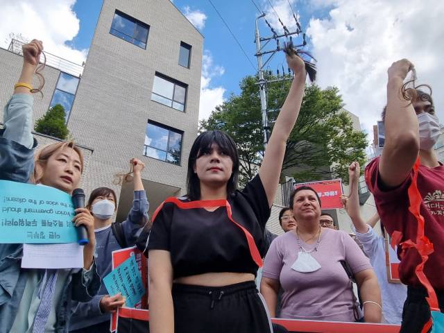 ▲5일 서울 용산구 주한이란이슬람공화국대사관 앞에서 열린 '이란 히잡 관련 시위 한국시민사회단체 지지 기자회견' ⓒ프레시안(한예섭)