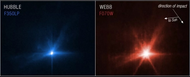 허블우주망원경(왼쪽)과 제임스 웹 우주망원경이 소행성 충돌 순간을 포착했다. 사진=NASA, ESA, CSA, and STScI)