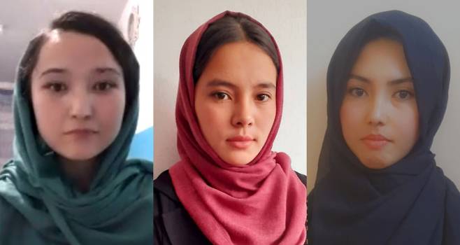 “하자라족 말살을 멈춰라” 자폭 테러 사건으로 수십명이 사망한 아프가니스탄 수도 카불 서부의 카지 교육센터에 다니고 있는 하자라족 여학생인 시마 하킴자다와 사키나 라자이. 색깔 있는 히잡을 썼다는 이유로 등교를 저지당한 카불대학생 슈크리아 사크히자다(왼쪽 사진부터).