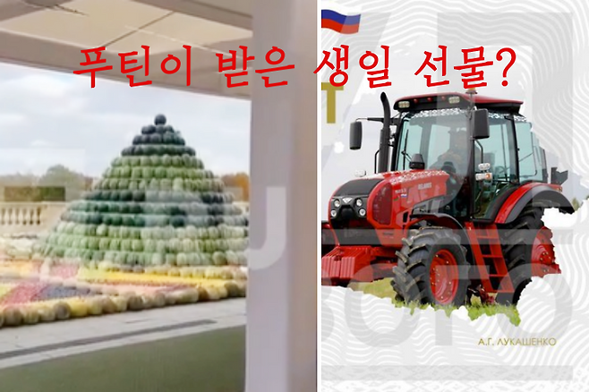 타지키스탄 대통령이 푸틴 러시아 대통령에게 칠순 생일에 선물한 수박과 멜론(왼쪽), 벨라루스 대통령이 선물한 트랙터 교환권(오른쪽)