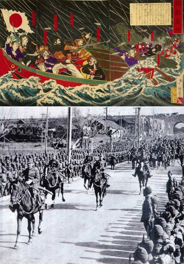 일본은 중국을 얕잡아보면서도 내심 ‘대국’에 대한 두려움을 품고 있었다. 1882년 임오군란 당시 청의 개입에도 움직이지 않던
일본은 동학농민봉기를 계기로 ‘청 콤플렉스’를 벗고 중국에 대한 침략의 야욕을 드러냈다. 1882년 임오군란 당시 작은 배를 타고
탈출하는 일본 공사관 직원들을 묘사한 그림(위쪽 사진). 일본군이 1937년 12월 13일 당시 중국 수도였던 난징으로 입성하는
모습. 일본은 승리를 확신했던 중일전쟁에서 패배하며 망국의 길을 걷게 된다. 사진 출처 위키피디아
