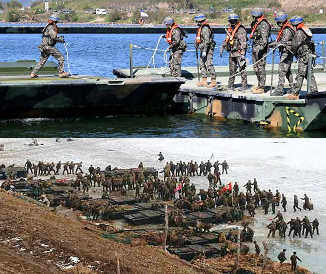 19일 경기 여주시 남한강 일대에서 열린 한미연합 제병협동 도하훈련에서 부교를 설치하고 있다(위 사진). 2017년 1월 서울 류경수에 105탱크사단의 도하 훈련에 참여한 북한군이 부교를 설치하고 있다. 여주=왕태석 선임기자·조선중앙TV 캡처